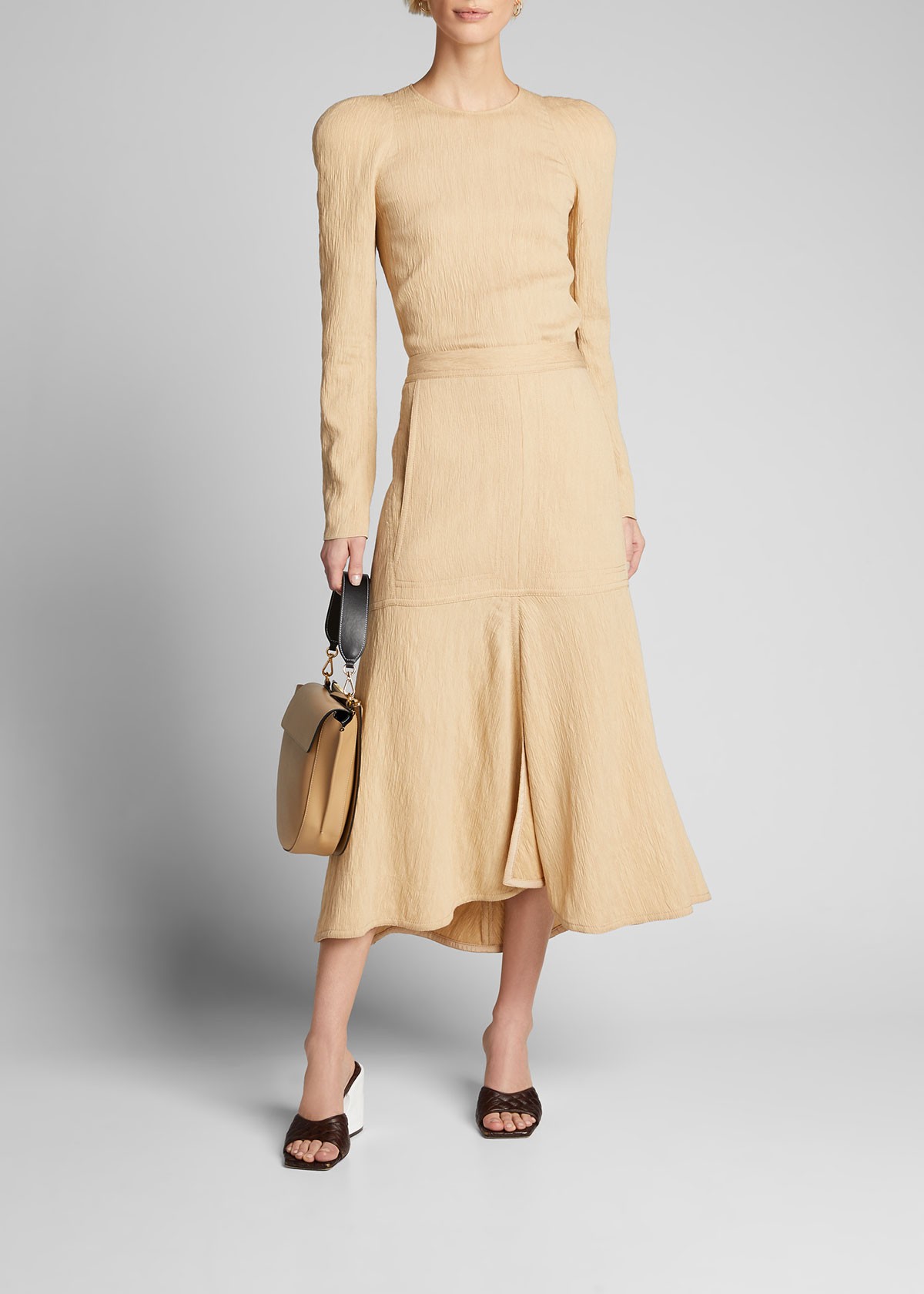 Tibi Plisse Front-Slit Flared Long Skirt