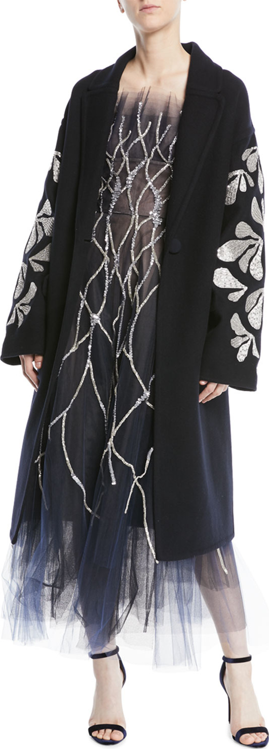 Oscar De La Renta Thread-Work Sequin Embroidered Double-Breasted Wool Coat