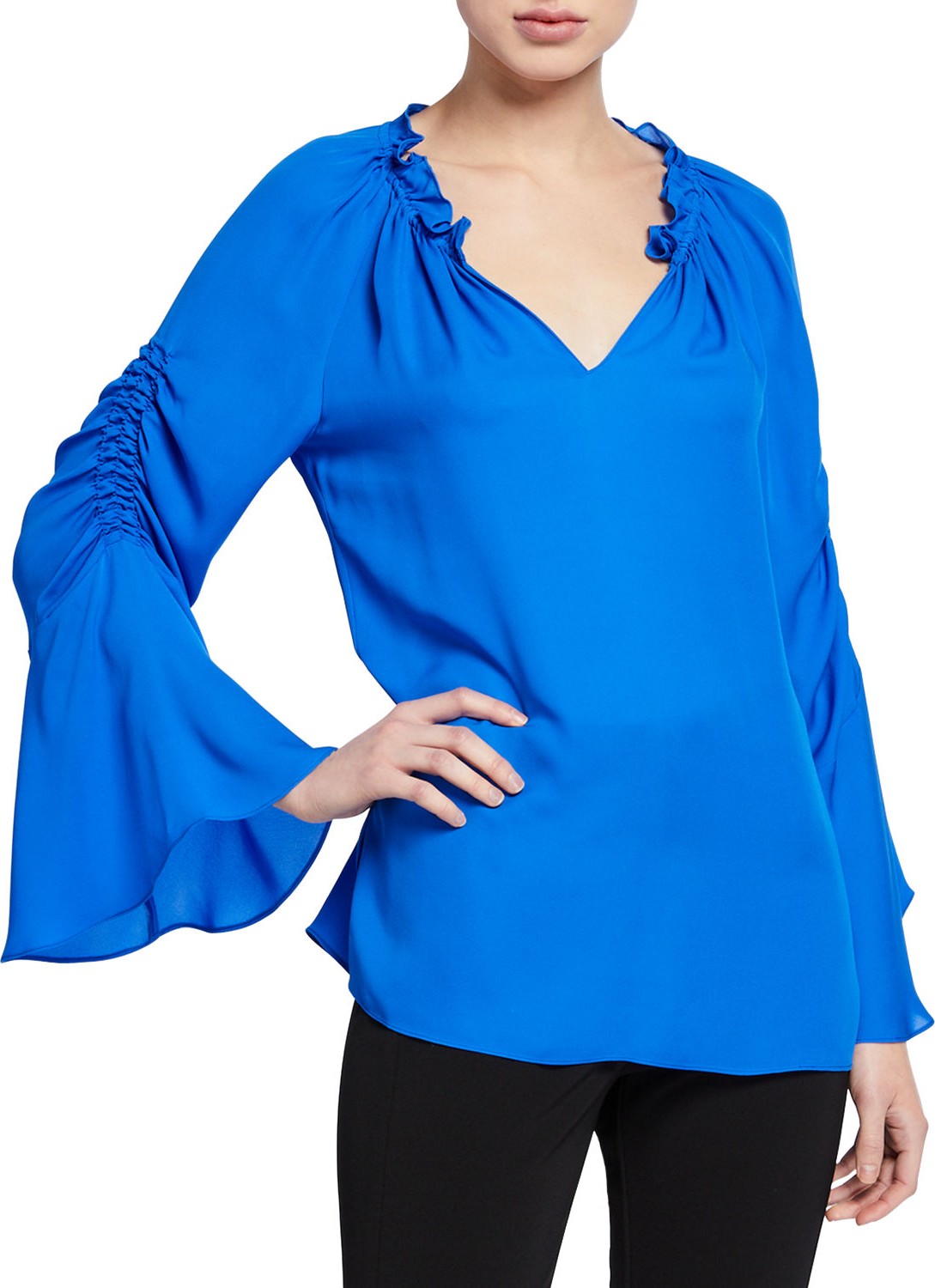 KOBI HALPERIN Carolina V-Neck Shirred Sleeve Silk Blouse