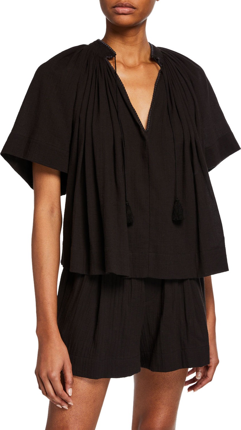 Vince Short-Sleeve Poet Blouse with Tassel-Ties