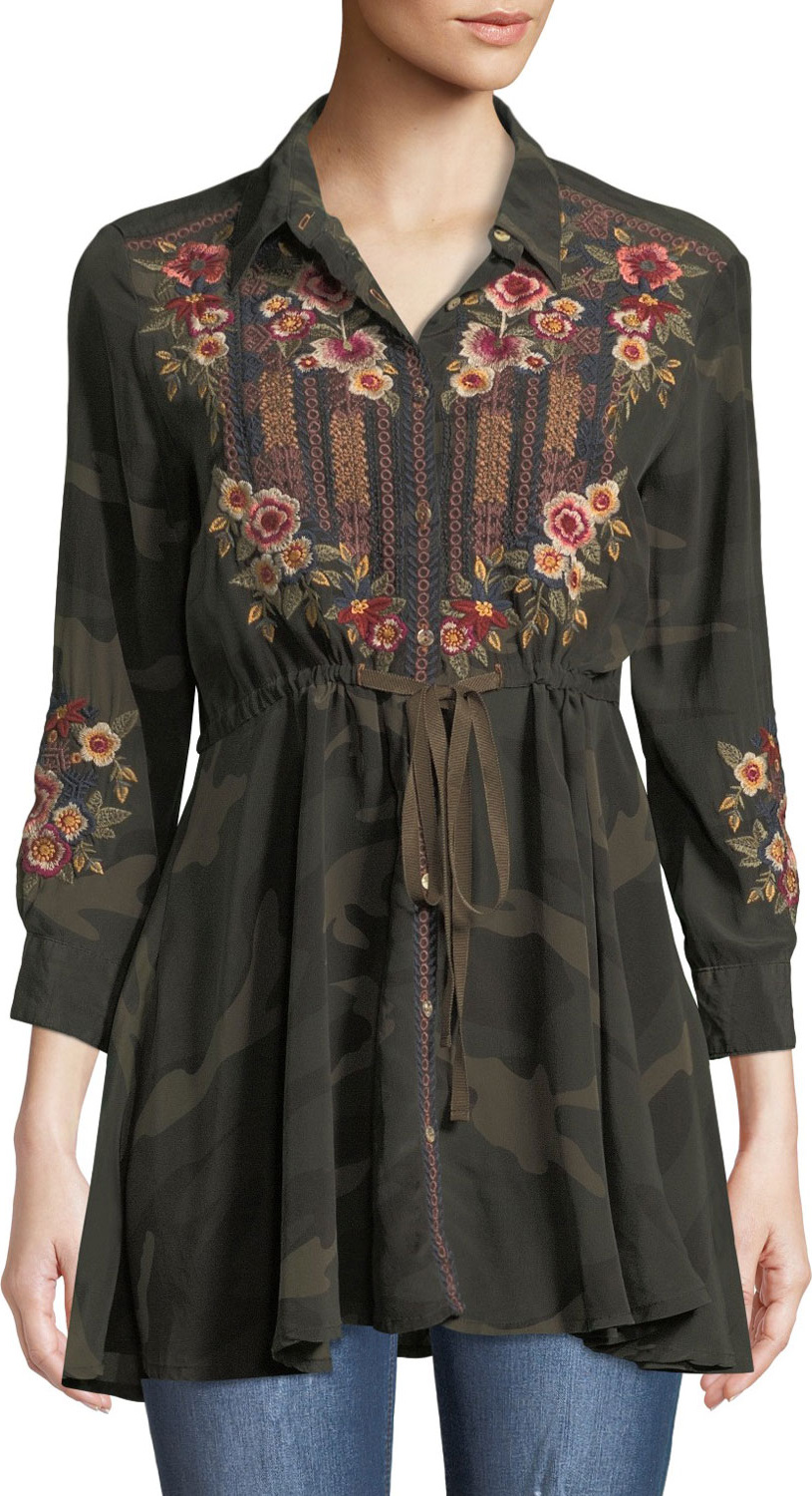 Johnny Was Aaliah Camo Drawstring Swing Shirt w/ Embroidery
