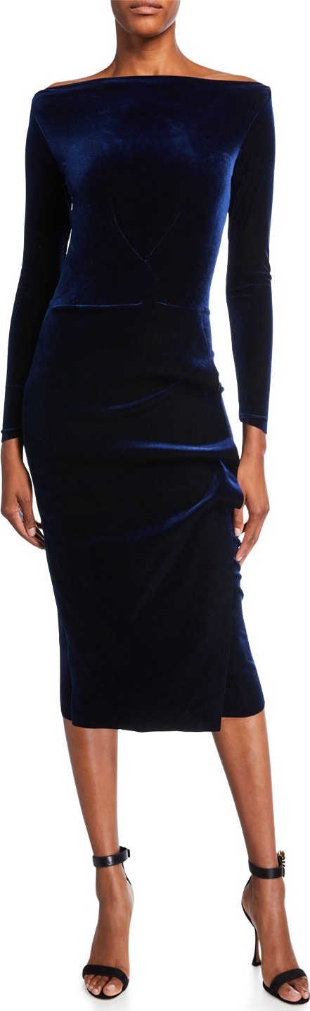 La Petite Robe di Chiara Boni Bateau-Neck Long-Sleeve Shirred Velvet Midi Dress La Petite Robe di Chiara Boni Bateau-Neck Long-Sleeve Shirred Velvet Midi Dress