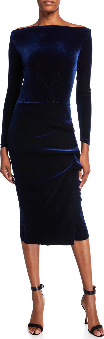 La Petite Robe di Chiara Boni Bateau-Neck Long-Sleeve Shirred Velvet Midi Dress