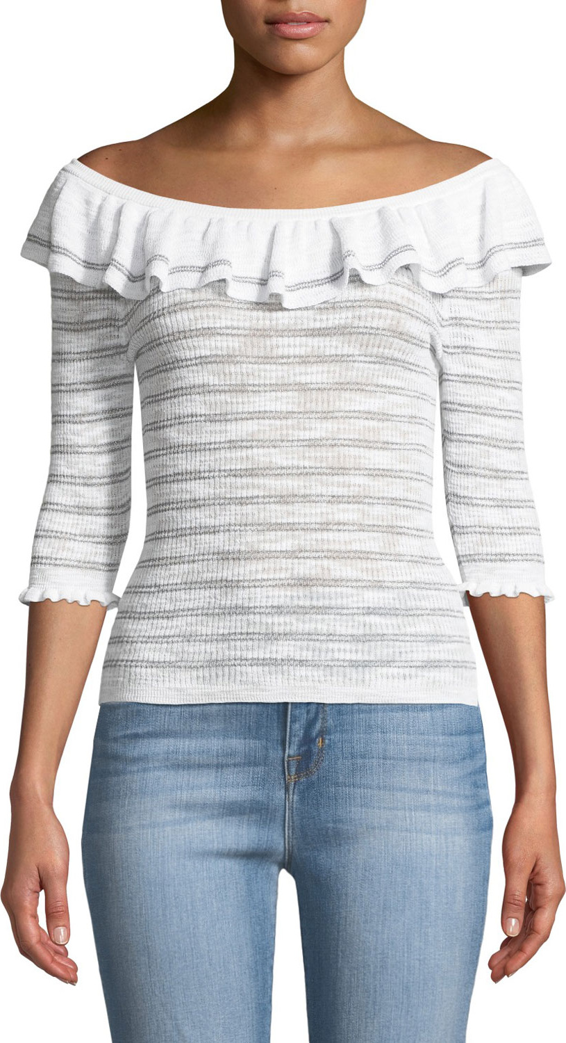 Rebecca Taylor Off-Shoulder Striped Ruffle Top