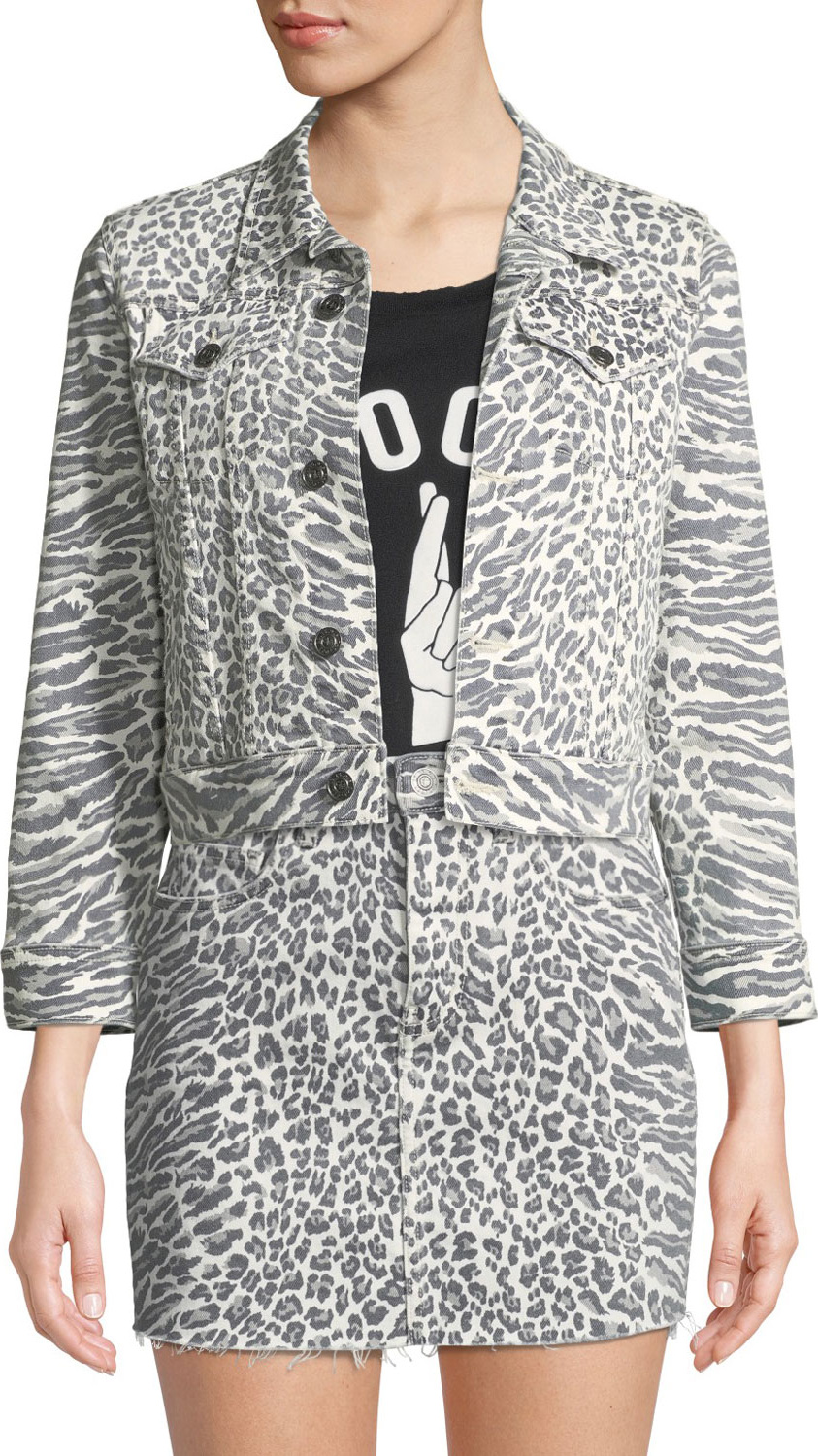 Current/Elliott The Baby Trucker Animal-Print Jean Jacket