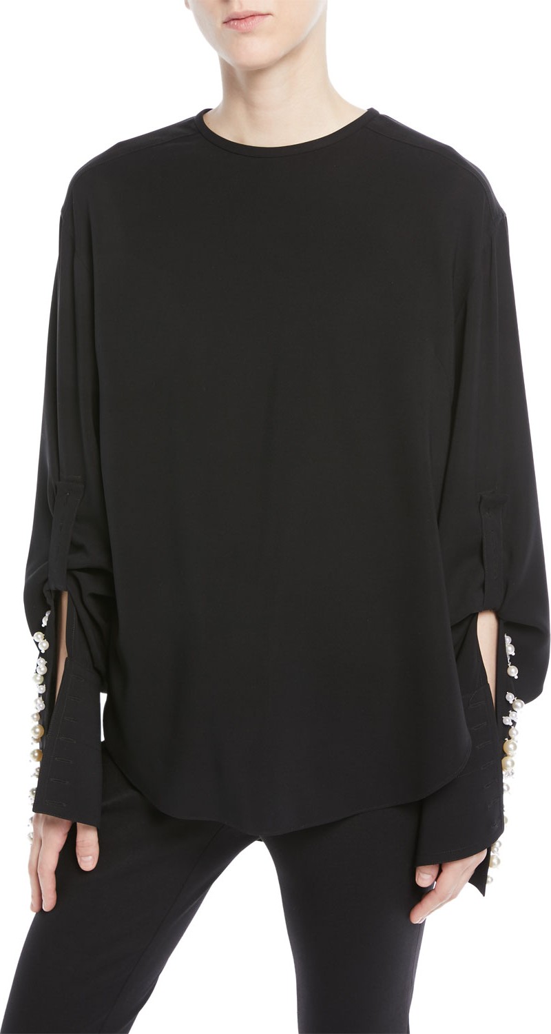 Oscar De La Renta Jewel-Neck Pearl-Cuff Silk Georgette Blouse