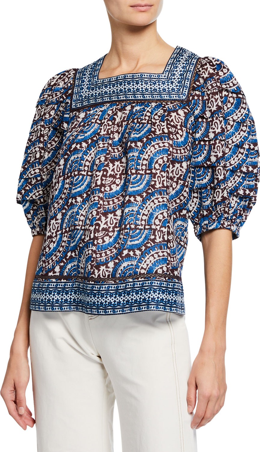SEA Luella Printed Puff-Sleeve Boho Blouse