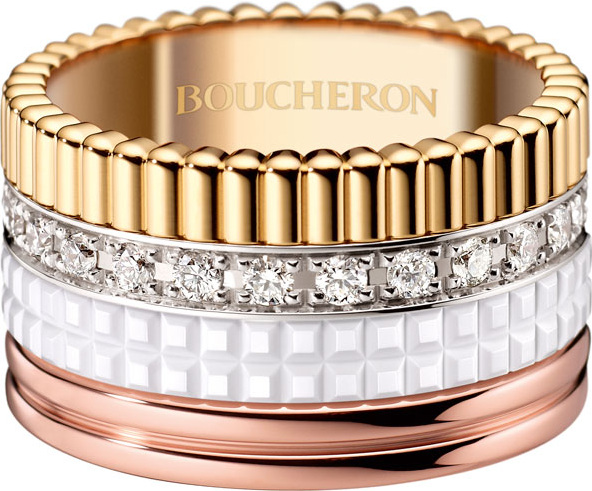Boucheron Quatre Large 18K Gold & White Ceramic Ring with Diamonds, Size 55