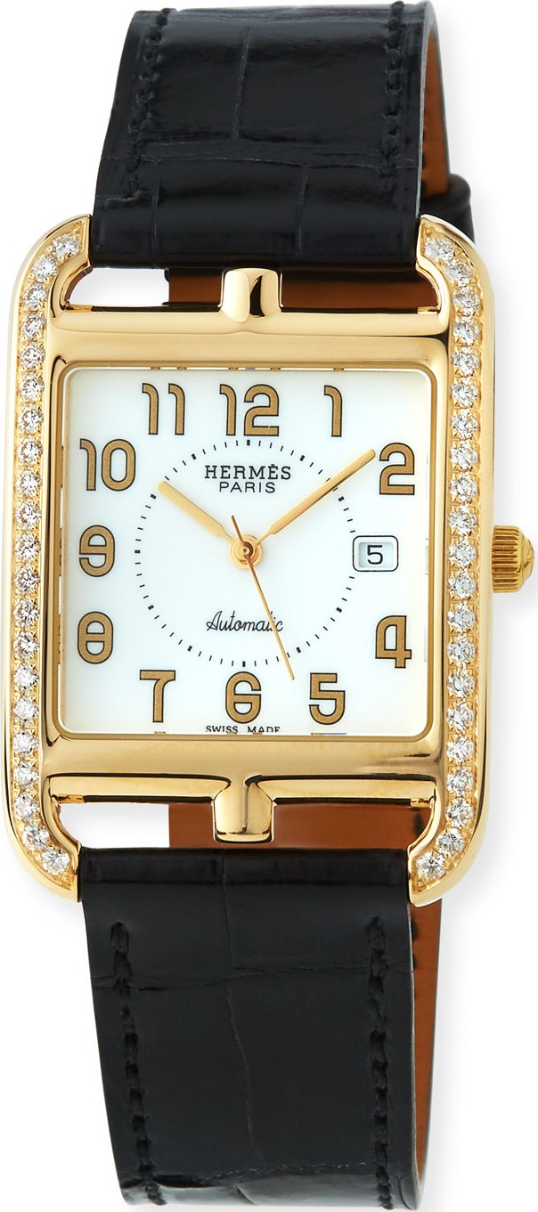 HERMÈS 18k Gold Cape Cod GM Diamond Watch with Alligator Strap