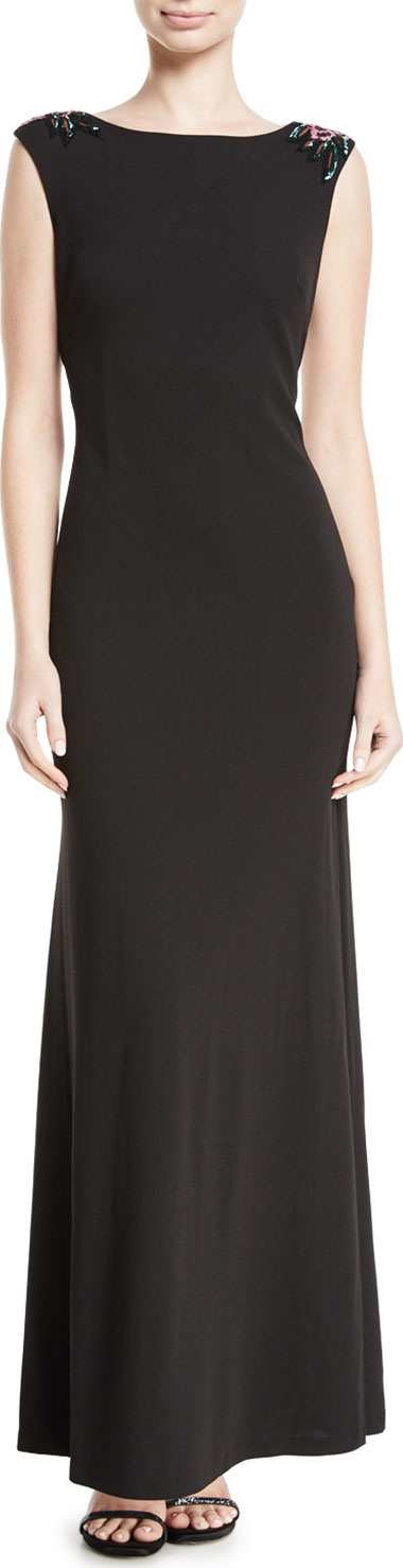 Aidan Mattox Sleeveless Mermaid Gown w/ Floral Embellished Back