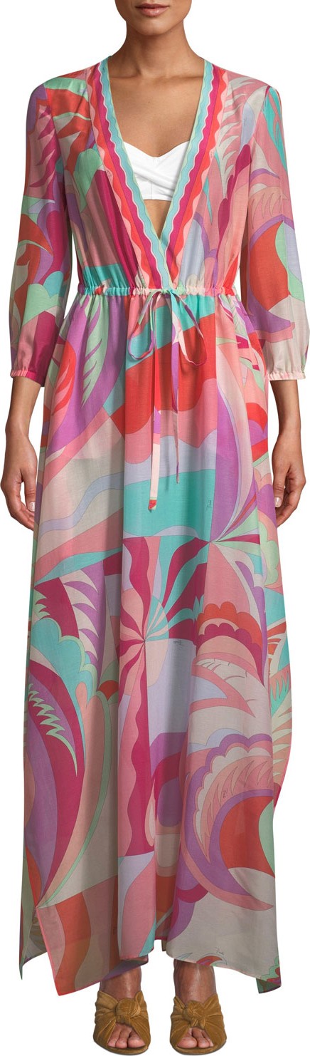 Emilio Pucci V-Neck 3/4-Sleeve Long Multicolor Caftan