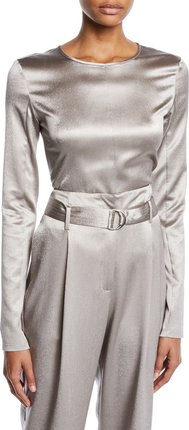 Sally Lapointe Crewneck Long-Sleeve Fitted Metallic Stretch-Silk Top