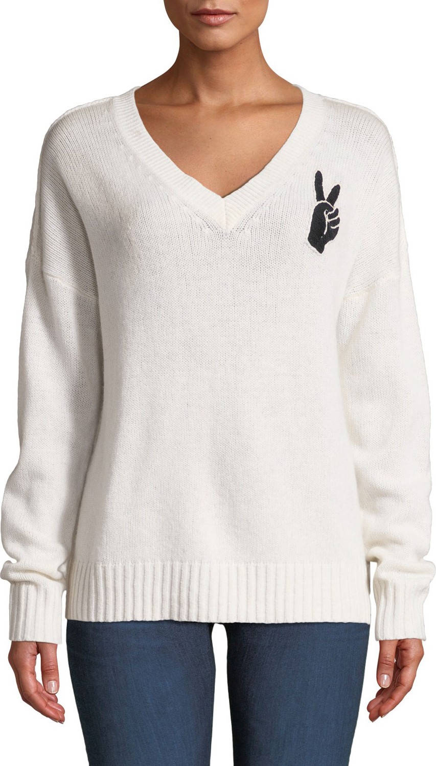 360 Cashmere Lea Wool-Cashmere Embroidered Peace-Sign V-Neck Sweater