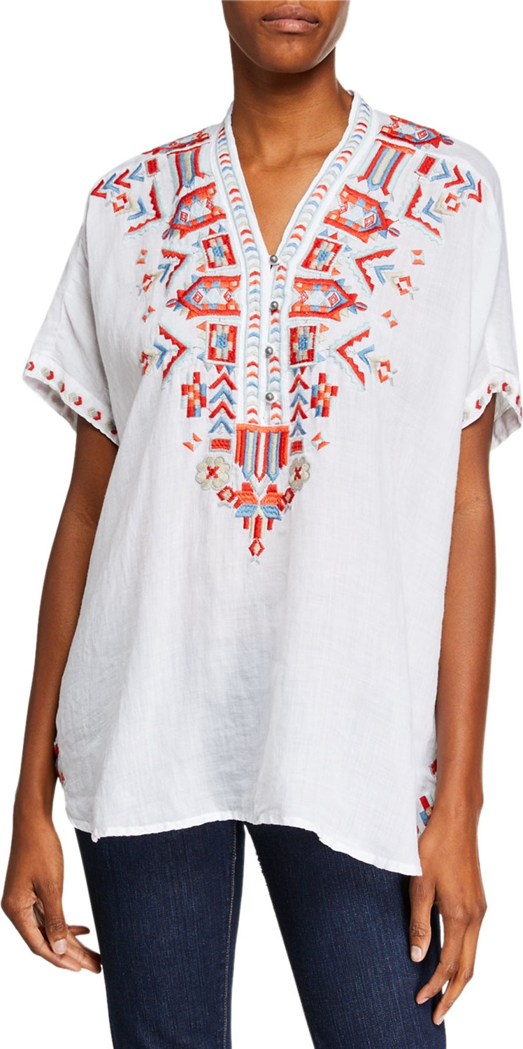 Johnny Was Corrine V-Neck Short-Sleeve Linen Blouse