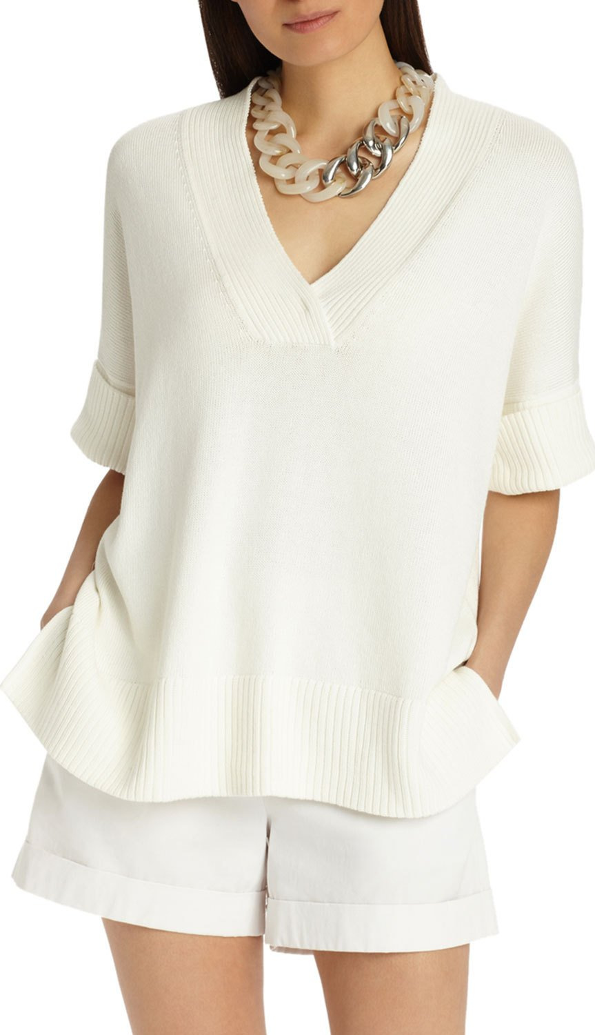 Lafayette 148 New York Half-Sleeve Cotton/Silk Relaxed V-Neck Sweater