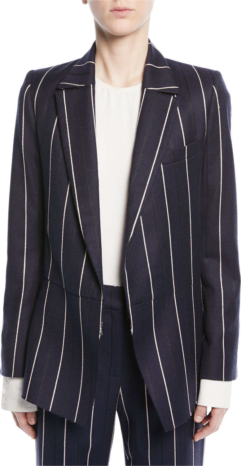 Oscar De La Renta Open-Front Long-Sleeve Pinstripe Wool-Blend Blazer