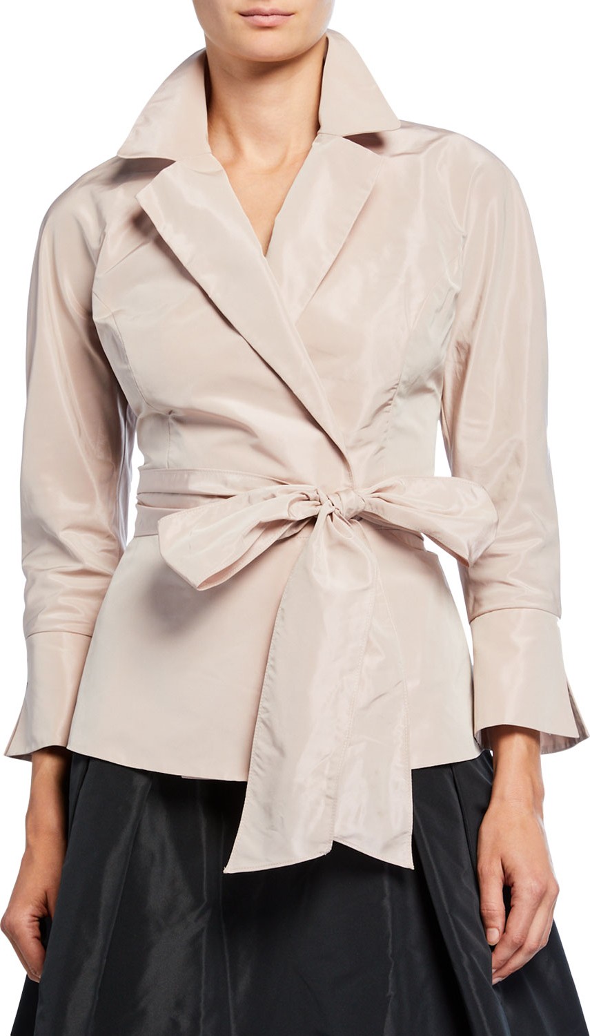 Rickie Freeman for Teri Jon Bracelet-Sleeve Wrap Blouse with Notch Collar