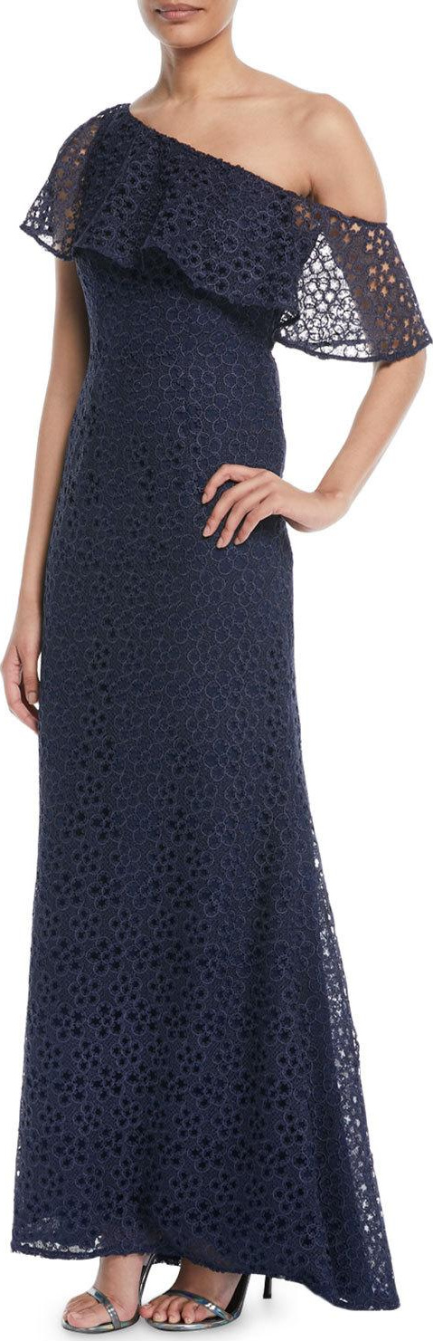 Carmen Marc Valvo One-Shoulder Popover Lace Gown
