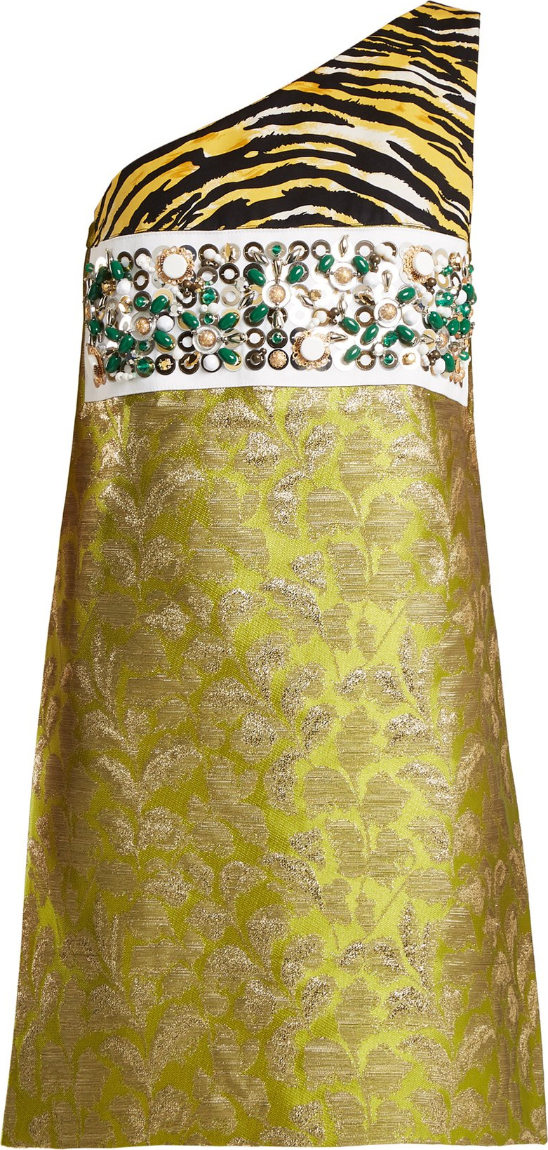 Prada Contrast-panel asymmetric-neck brocade dress