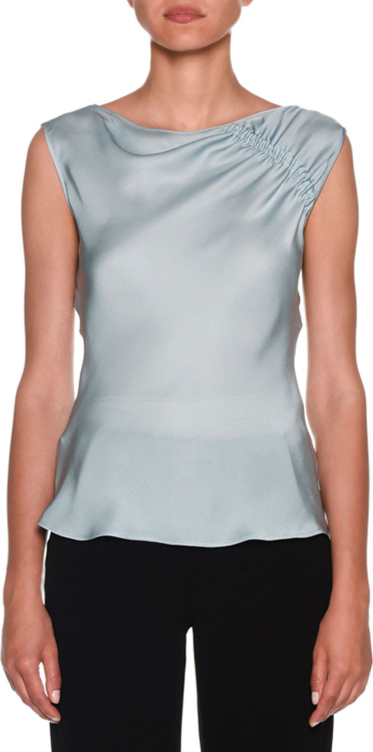 Giorgio Armani Ruched-Shoulder Sleeveless Silk Blouse, Aquamarine