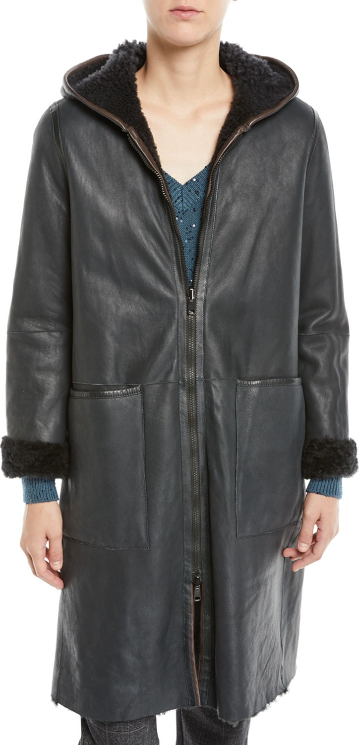 Brunello Cucinelli Curly Hair Shearling Reversible to Leather Zip-Front Jacket w/ Hood