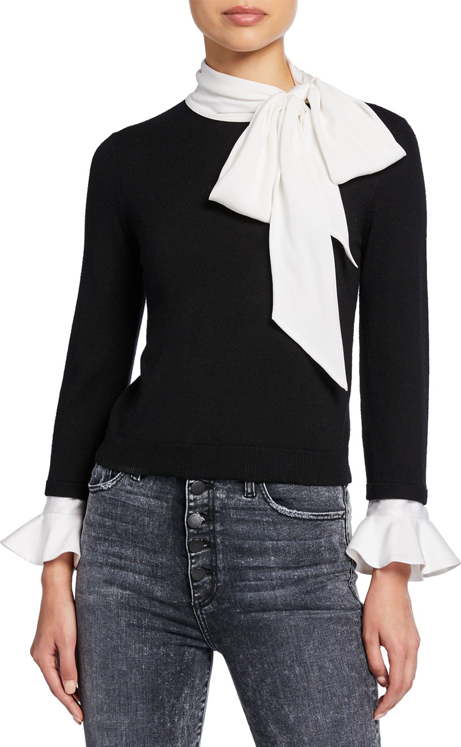 Alice + Olivia Justina Colorblock Tie-Neck Long-Sleeve Combo Sweater