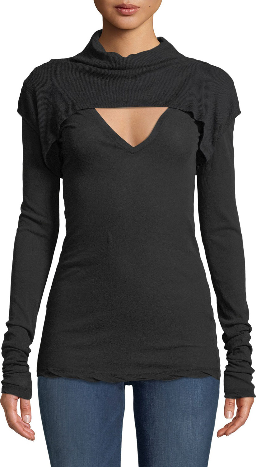 Unravel Mock-Neck Long-Sleeve Tee w/ Ribbed Shrug