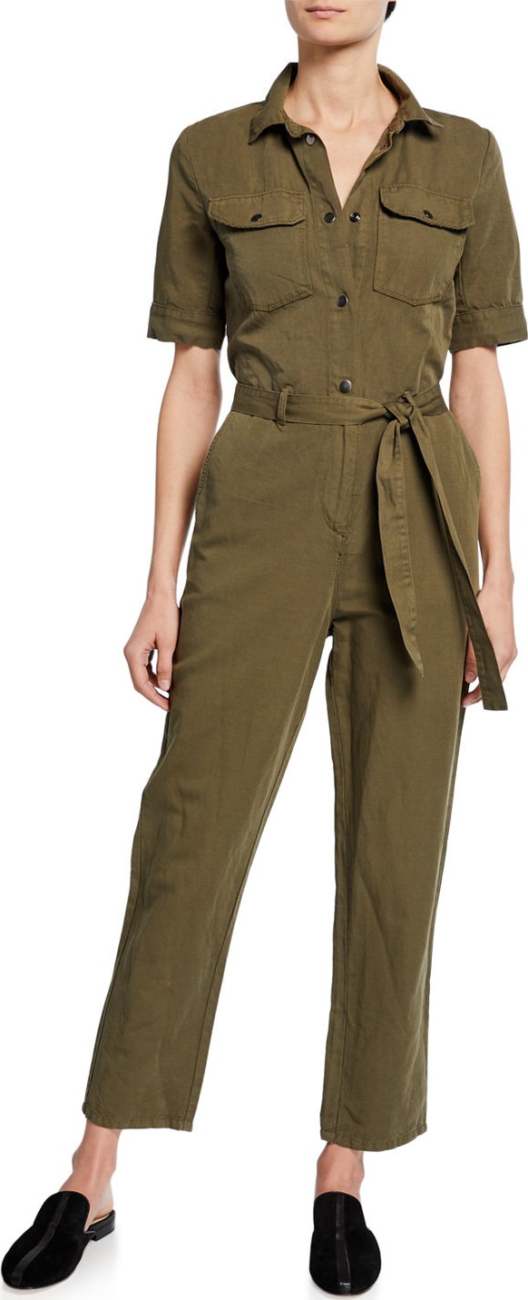 FRAME DENIM Short-Sleeve Button-Down Belted Straight-Leg Cotton-Linen Jumpsuit