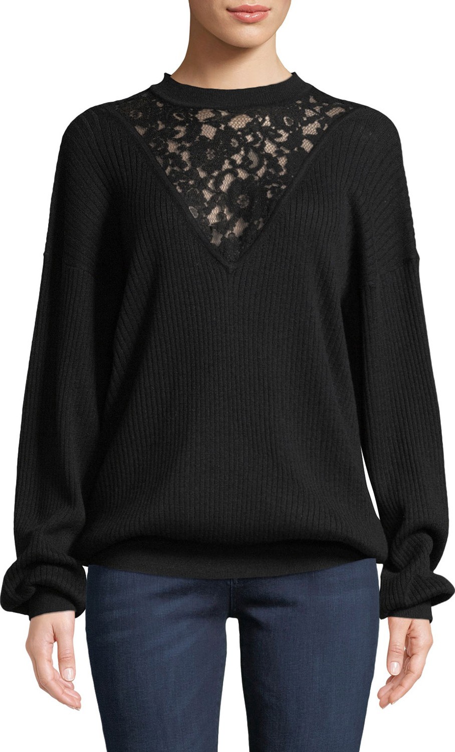 See By Chloé Long-Sleeve Wool Pullover Sweater with Lace Inset