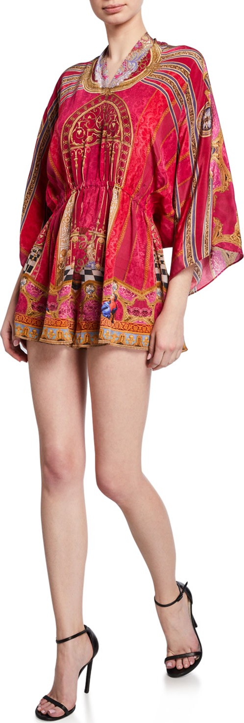 Camilla Printed V-Neck Romper w/ Square Sleeves