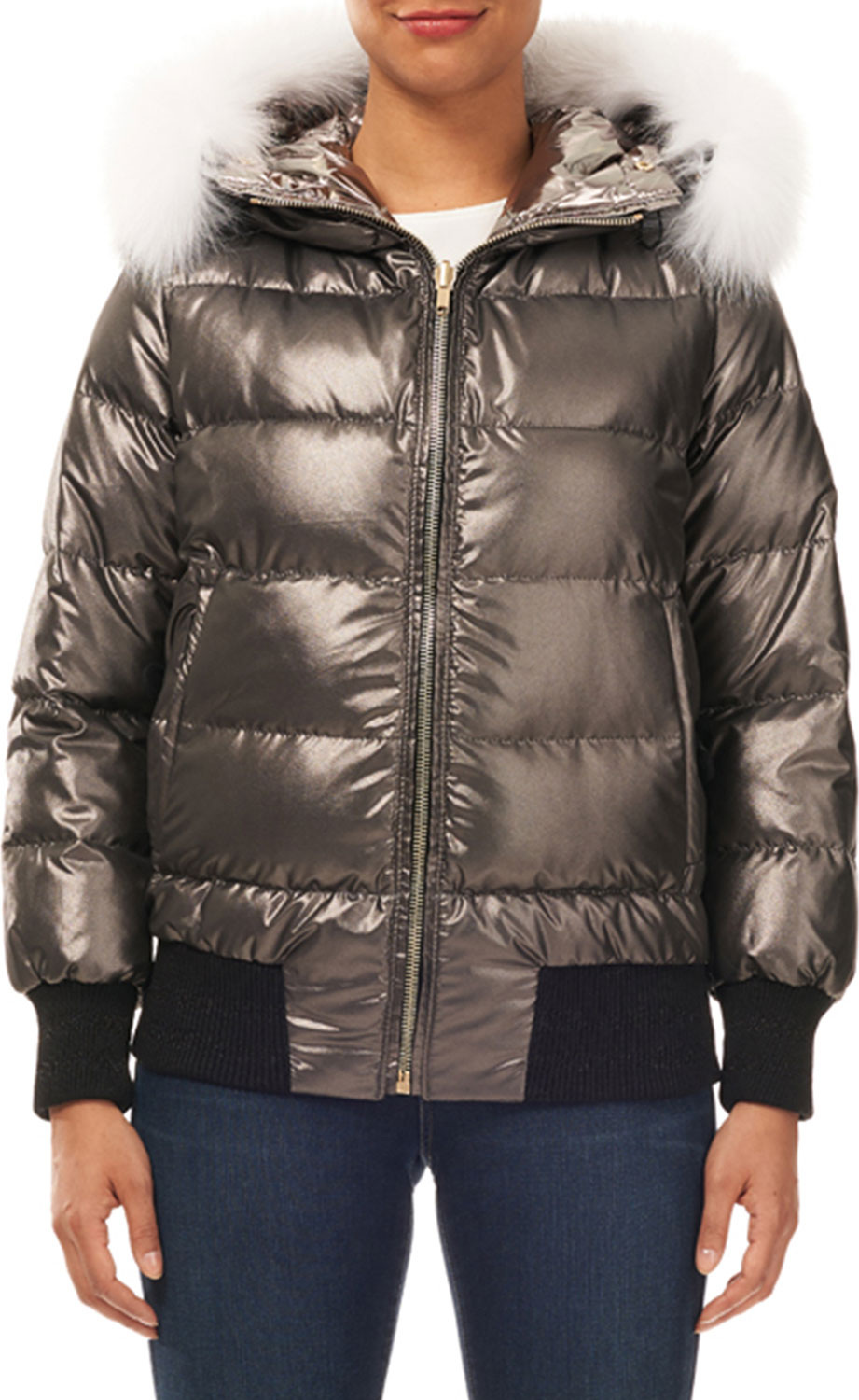 Gorski Reversible Quilted Puffer Bomber Jacket w/ Detachable Fox Hood Trim Gorski Reversible Quilted Puffer Bomber Jacket w/ Detachable Fox Hood Trim