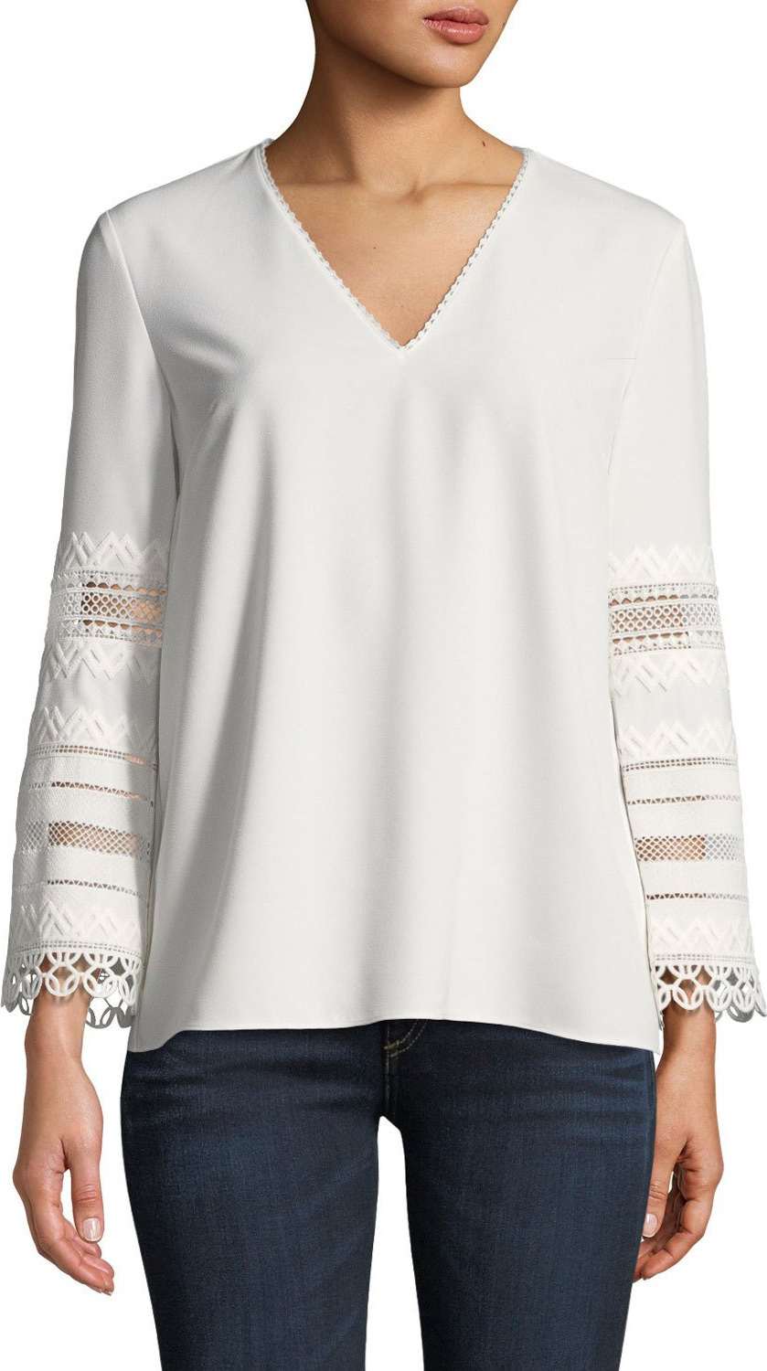 Elie Tahari Elvira Eyelet-Lace-Sleeve Blouse