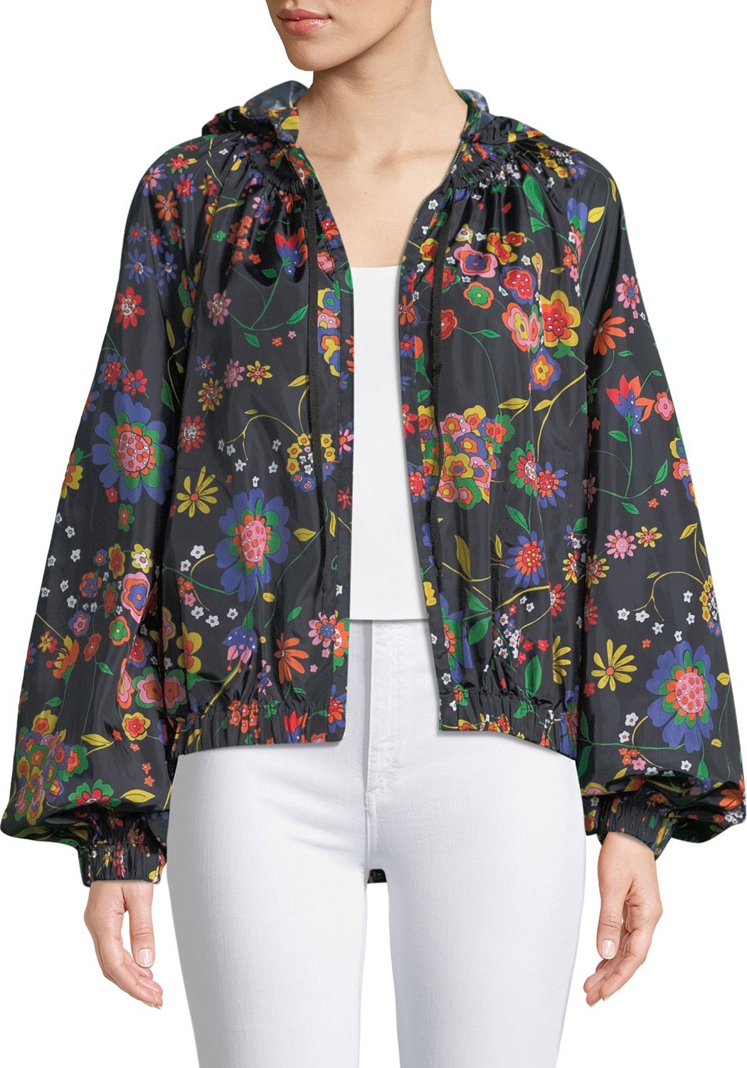 Tibi Floral-Print Anorak Jacket with Detachable Hood