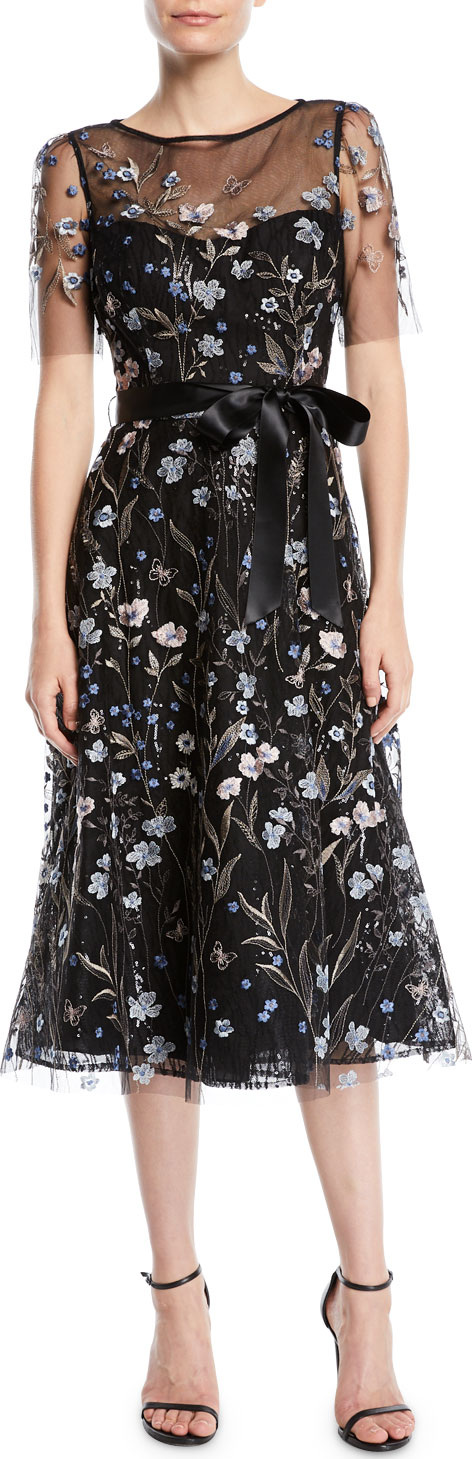 Rickie Freeman for Teri Jon A-Line Dress w/ Floral Embroidery