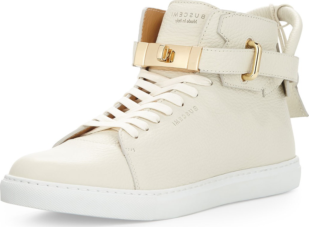 Buscemi Men's Leather High-Top Sneakers w/ 18k Gold-Plated Hardware, Off White