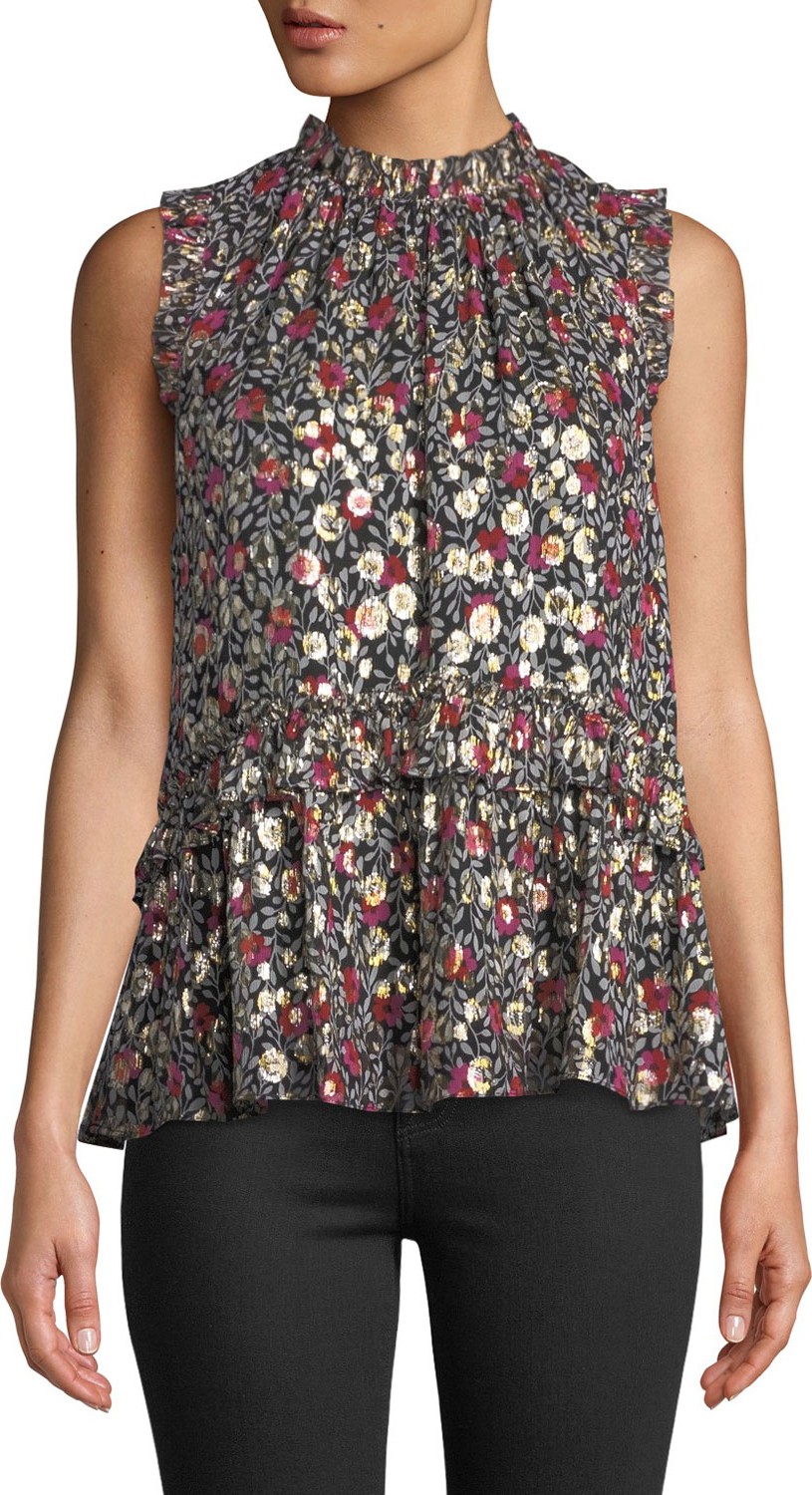 Kate Spade New York park clip floral dot mock-neck sleeveless peplum top w/ ruffle trim