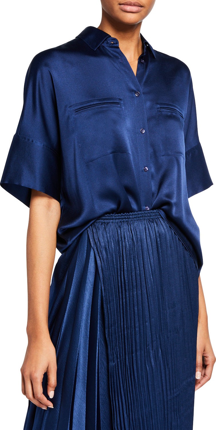 Vince Button-Down Short-Sleeve Silk Satin Blouse