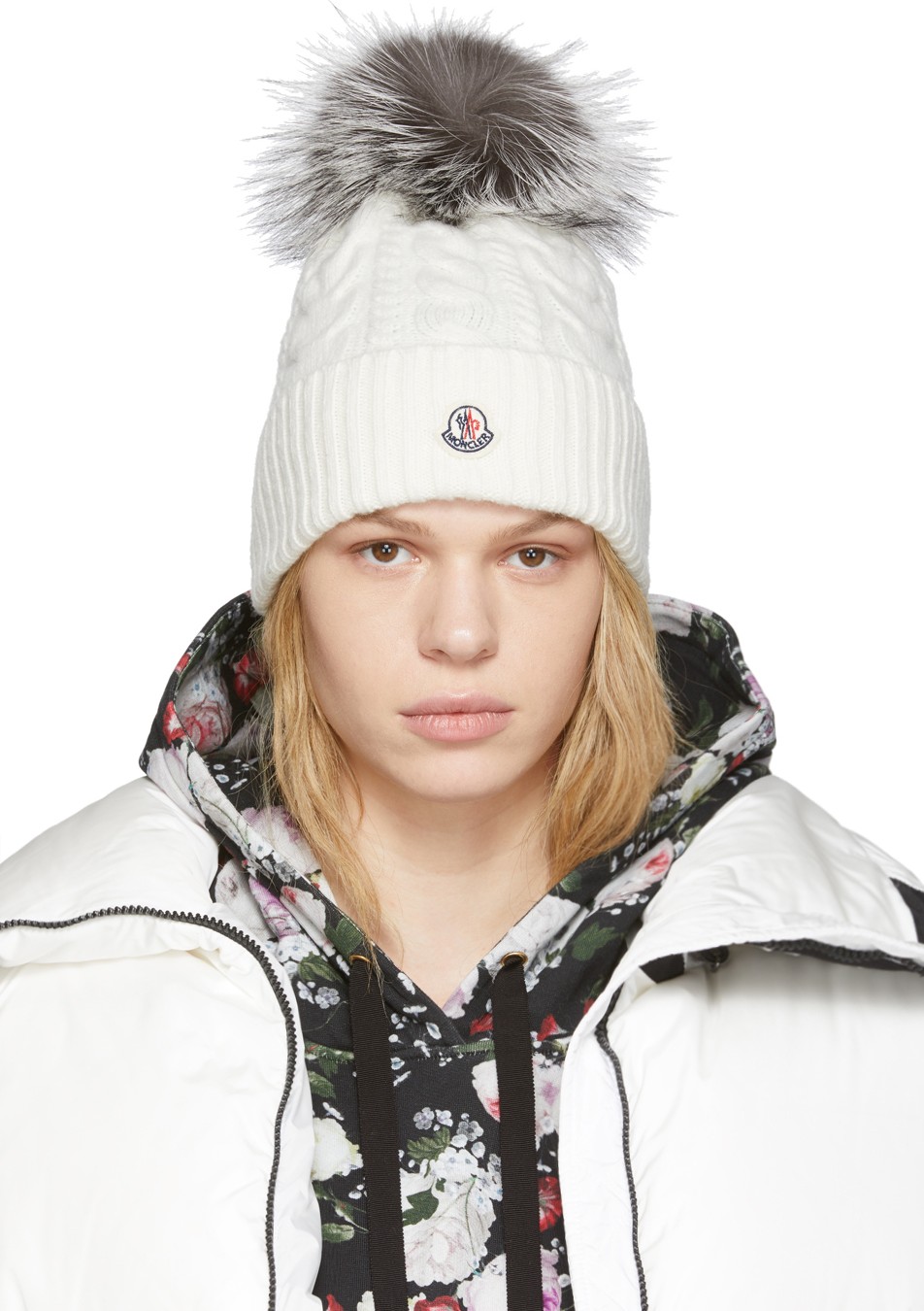 Moncler White Fur Pom Pom Beanie