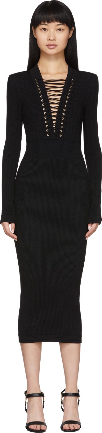 Balmain Black Lace-Up V-Neck Midi Dress