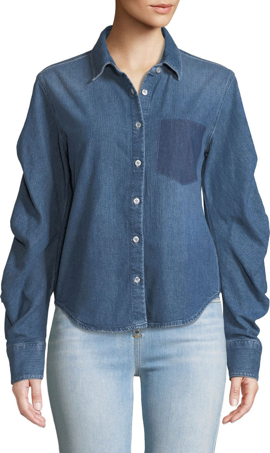 Jonathan Simkhai Tucked-Sleeve Button-Front Denim Shirt