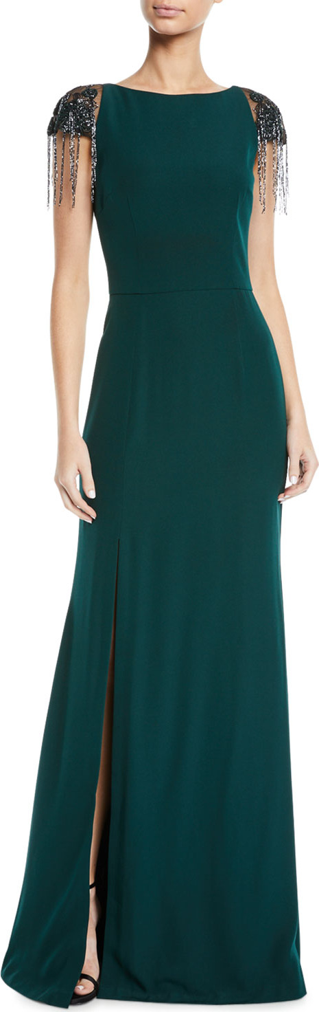 David Meister Crepe Gown w/ Beaded Shoulders