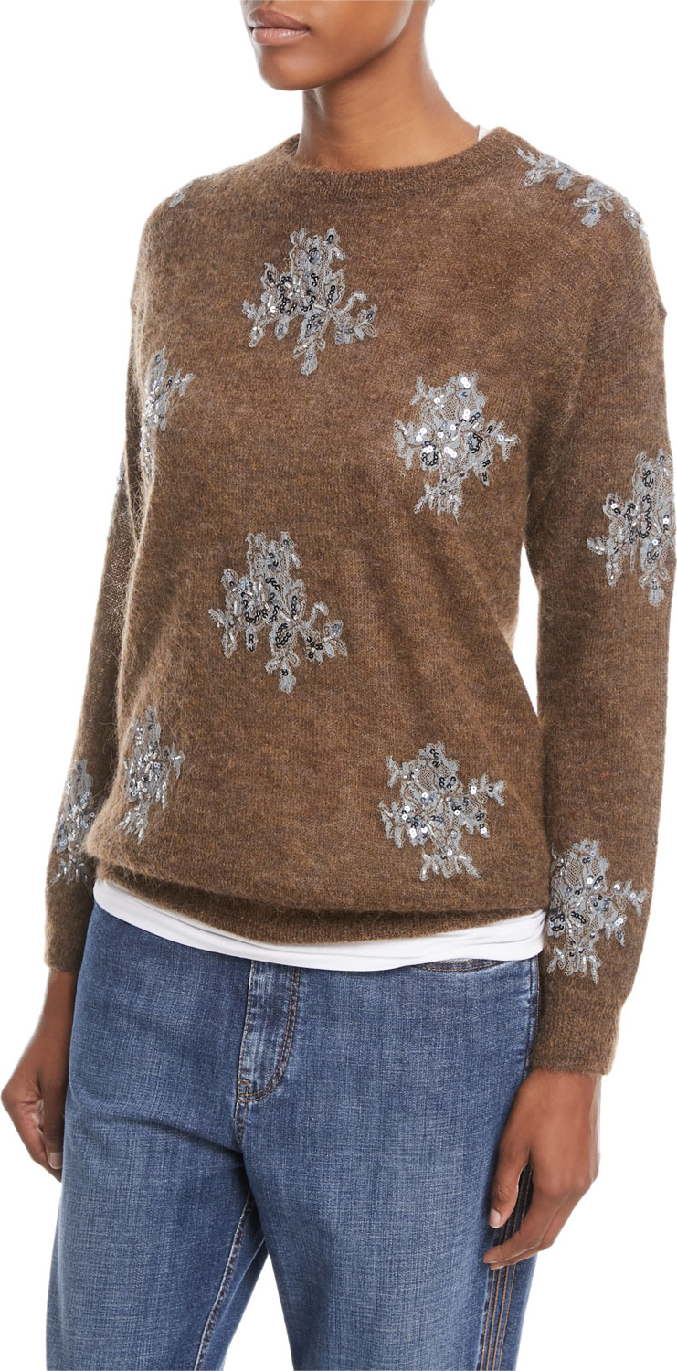 Brunello Cucinelli Mohair-Alpaca Crewneck Sweater with Sequin-Lace Applique