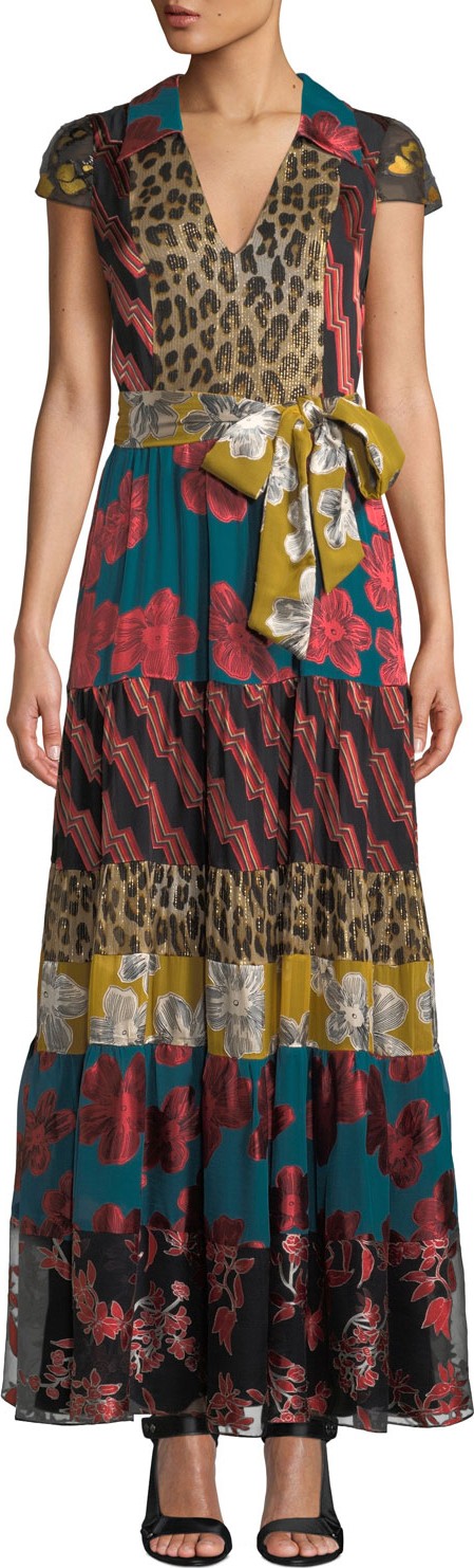 Alice + Olivia Della Short-Sleeve Maxi with Waist Tie