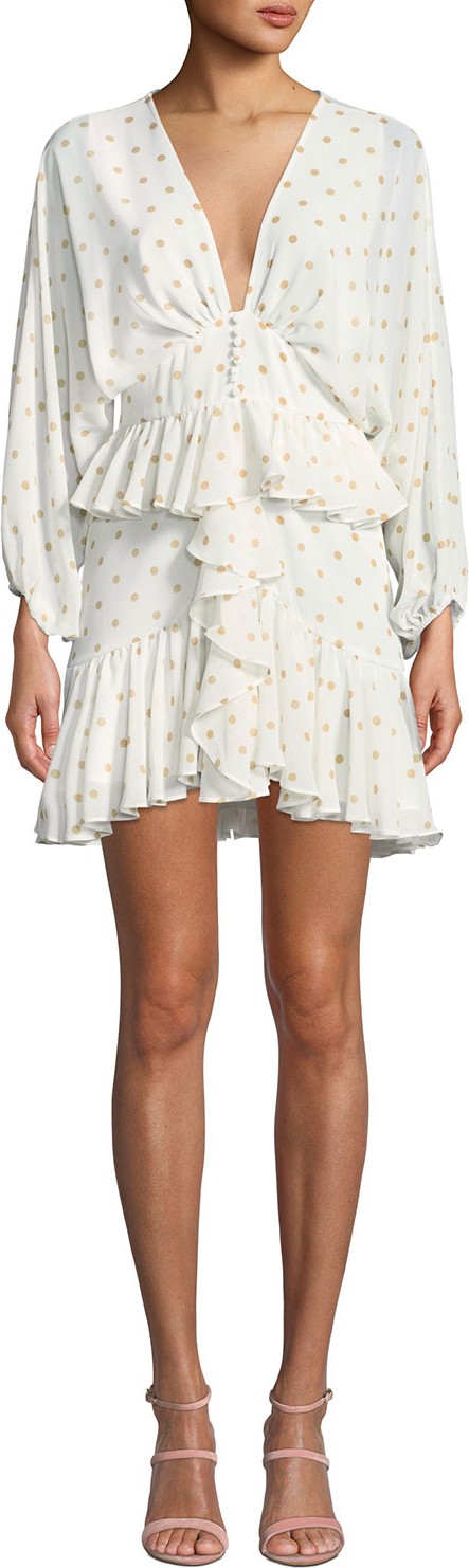 Shona Joy Sophia Dot-Print Plunged V-Neck Ruffle Mini Peplum Dress