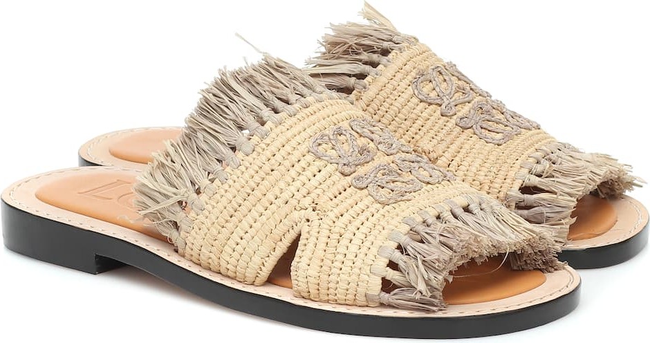 LOEWE Fringed raffia slides