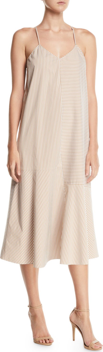 Tibi Kaia V-Neck Striped Flared Long Cami Dress