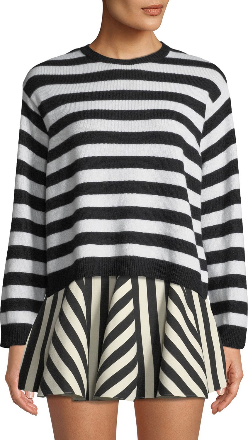 Valentino Striped Long-Sleeve Cashmere Sweater w/ Bow-Neck
