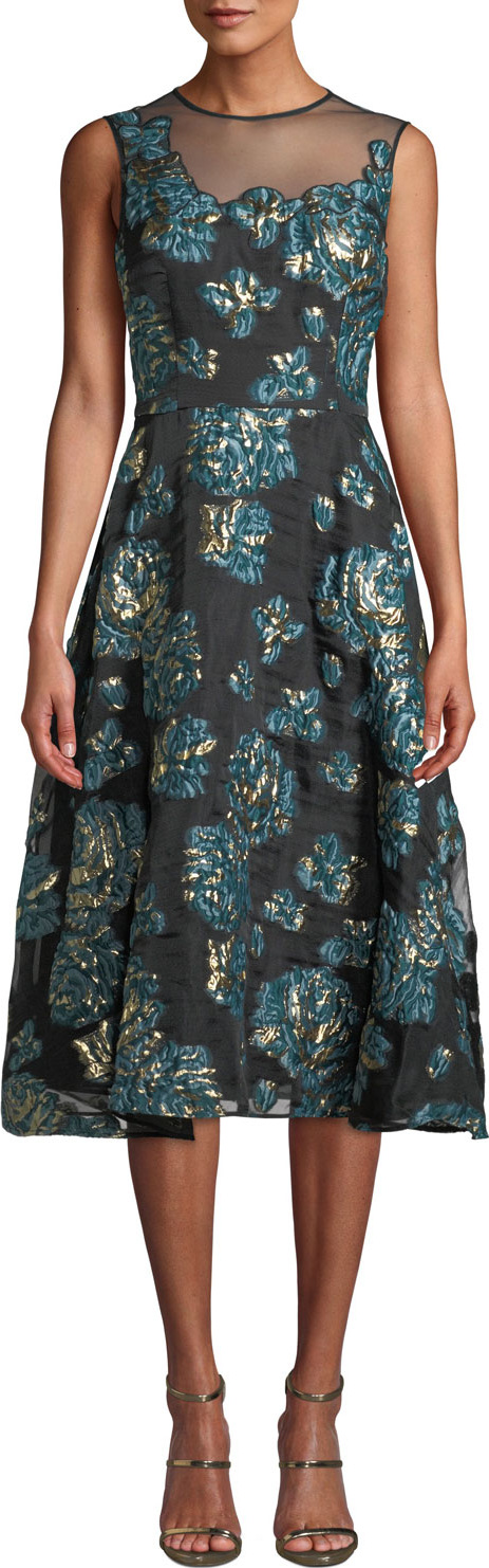 Rickie Freeman for Teri Jon Floral Jacquard Dress w/ Mesh Yoke