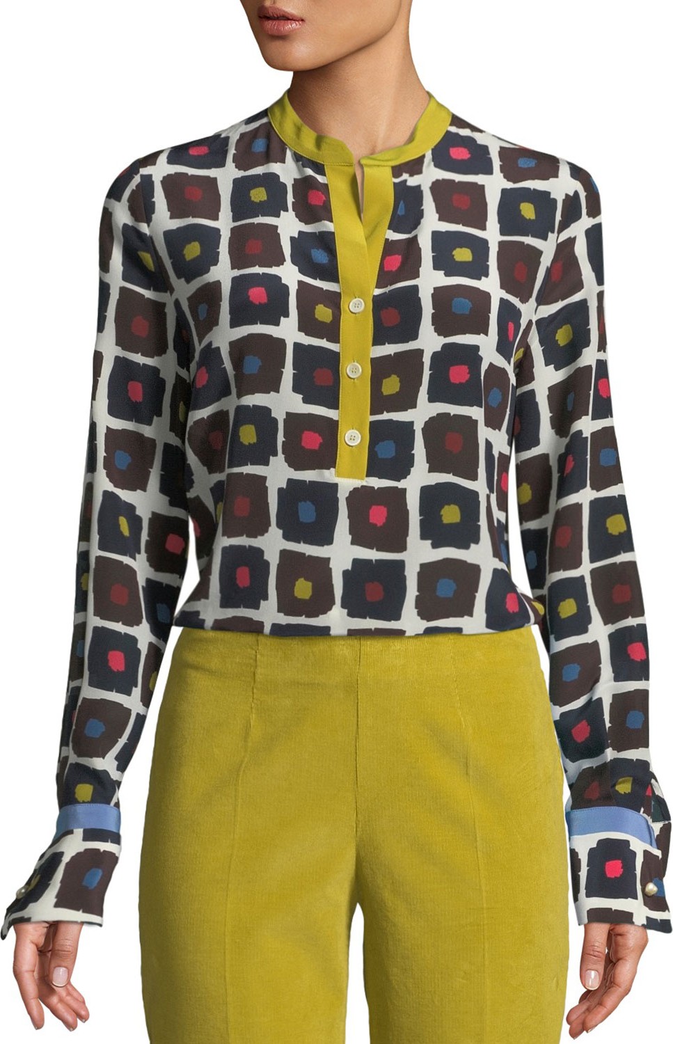 Piazza Sempione Graphic Dot-Print High-Low Silk Henley Blouse