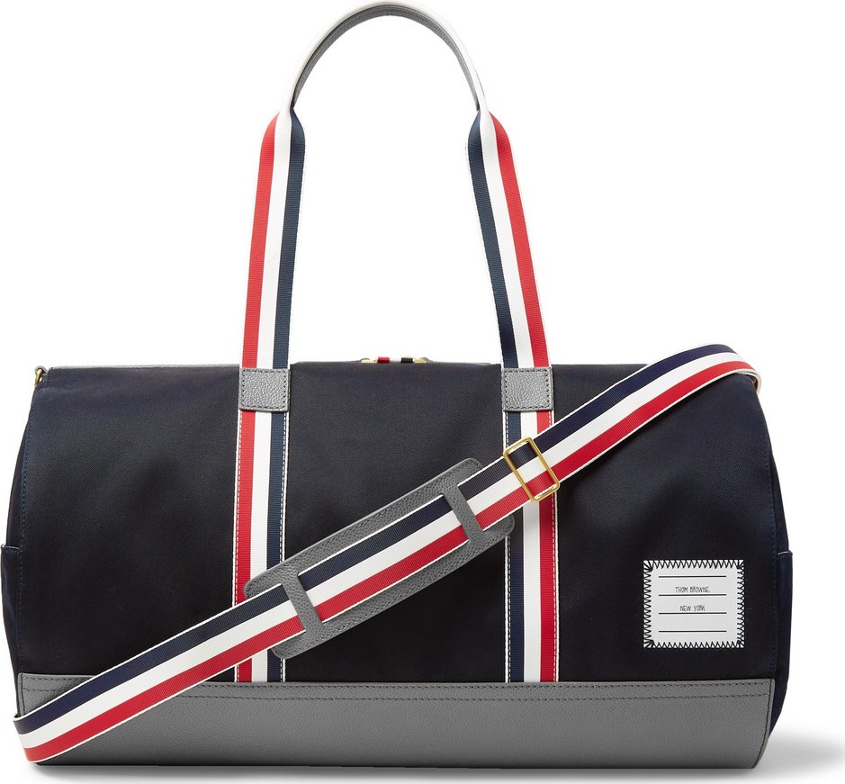Thom Browne Full-Grain Leather and Webbing-Trimmed Twill Duffle Bag